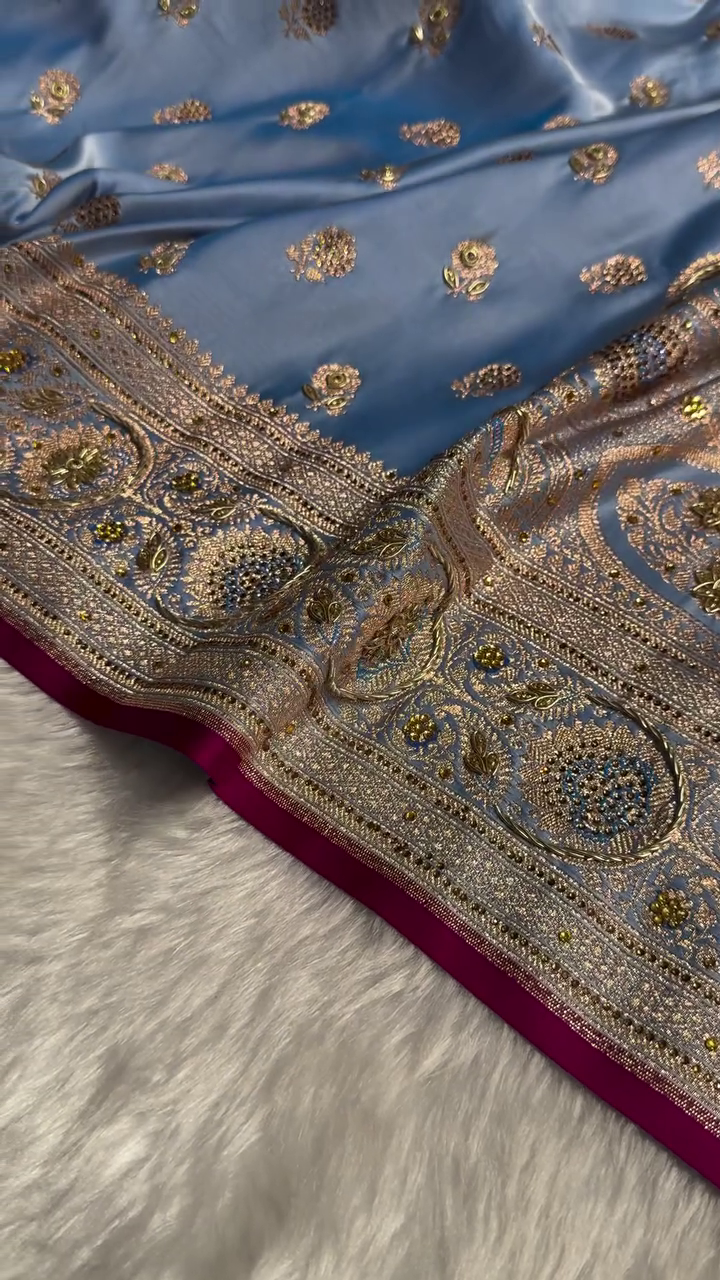 Royal Sky Blue Silk Saree with Heavy Golden Zari, Stone Embellishment & Contrast Border