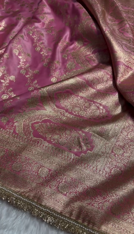 Blush Pink Banarasi Silk Saree with Golden Zari Floral Weaving & Fancy Lace Border