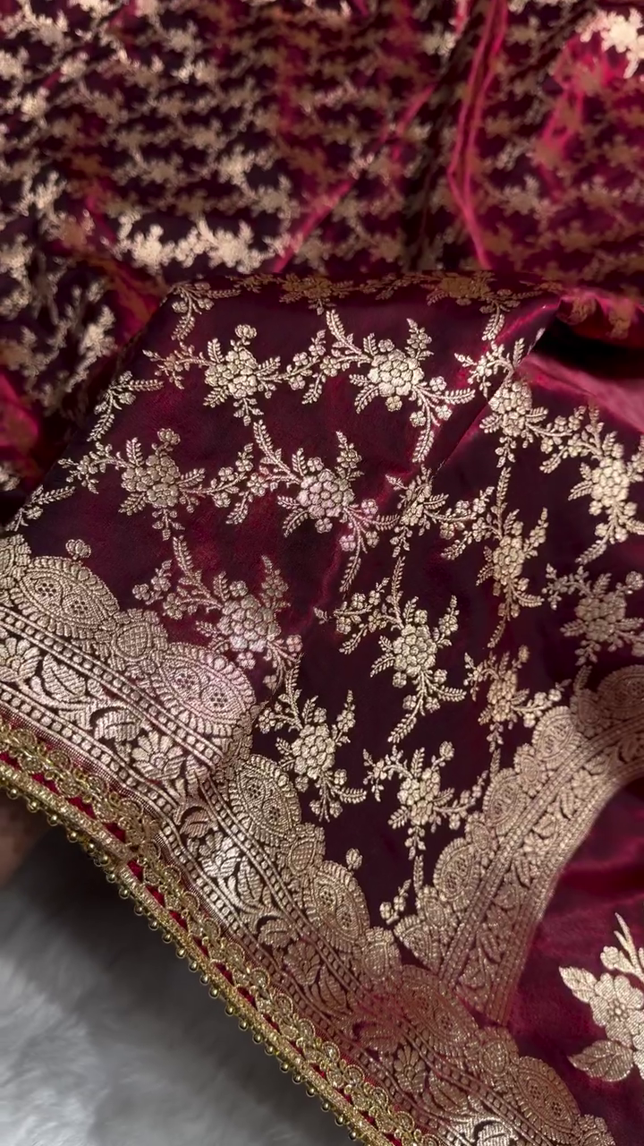 Premium Maroon Zari Woven Banarasi Saree with Heavy Embellished Border
