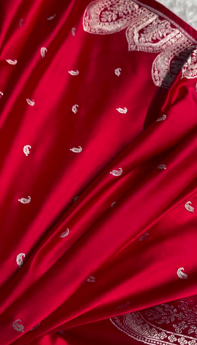 Royal Red Banarasi Silk Saree with Intricate Silver Zari Weaving