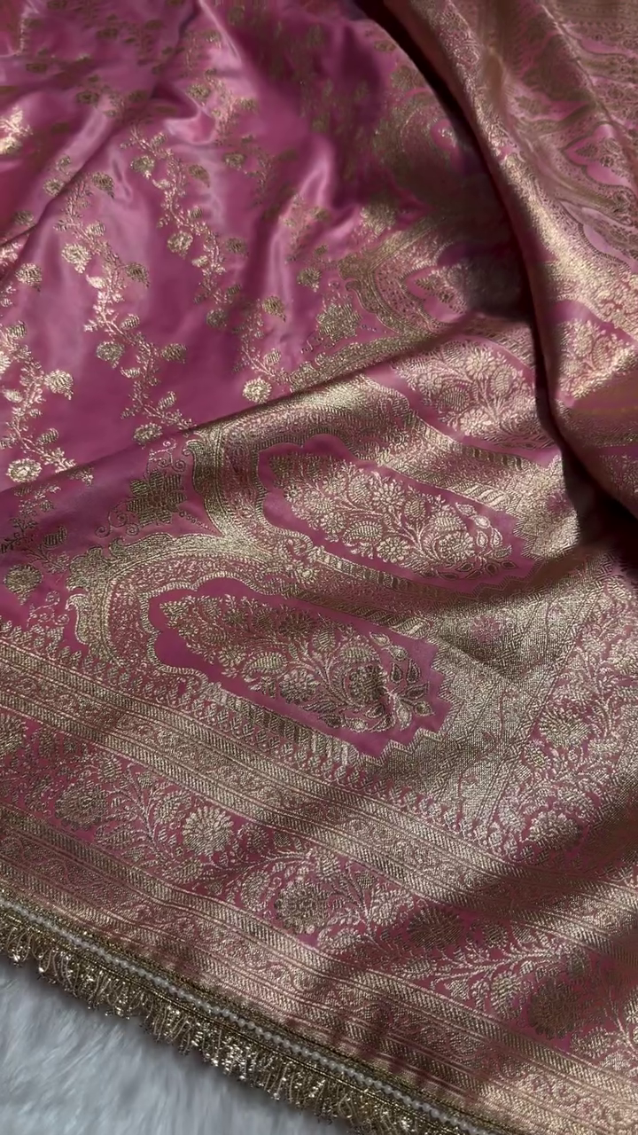 Luxury Pink Banarasi Silk Saree with Heavy Zari Weaving & Designer Fringe Border