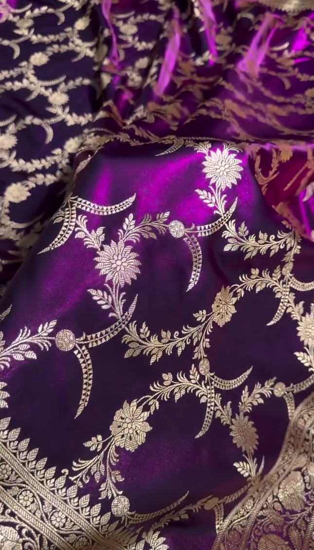 Majestic Purple Banarasi Silk Saree with Golden Zari Floral Weaving & Beaded Border