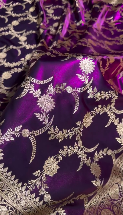Majestic Purple Banarasi Silk Saree with Golden Zari Floral Weaving & Beaded Border