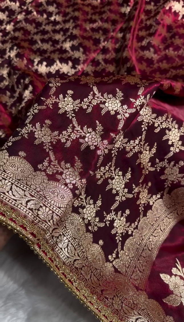 Maroon Velvet Saree with Heavy Golden Zari Embroidery & Beaded Lace Border