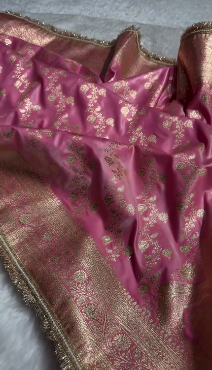 Blush Pink Banarasi Silk Saree with Golden Zari Floral Weaving & Fancy Lace Border