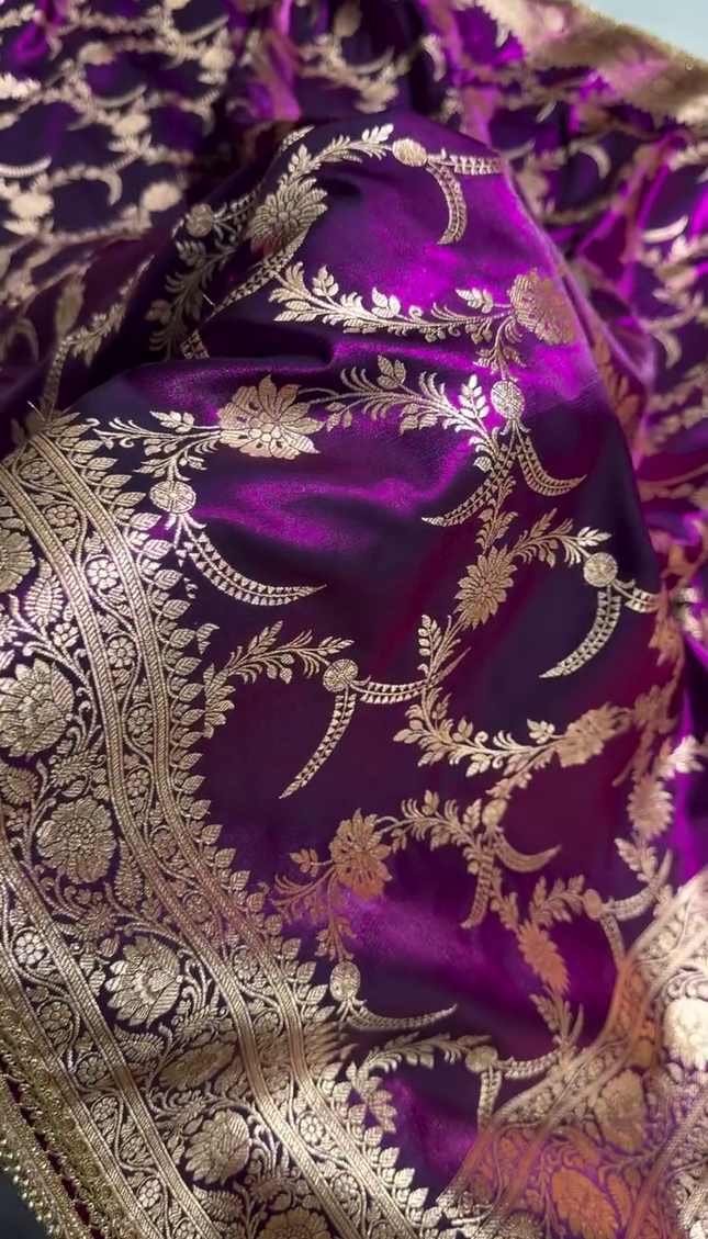 Majestic Purple Banarasi Silk Saree with Golden Zari Floral Weaving & Beaded Border