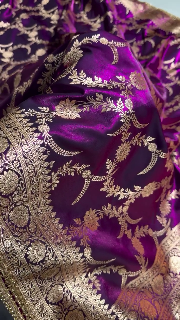 Royal Purple Banarasi Silk Saree with Intricate Golden Zari Weaving & Heavy Border