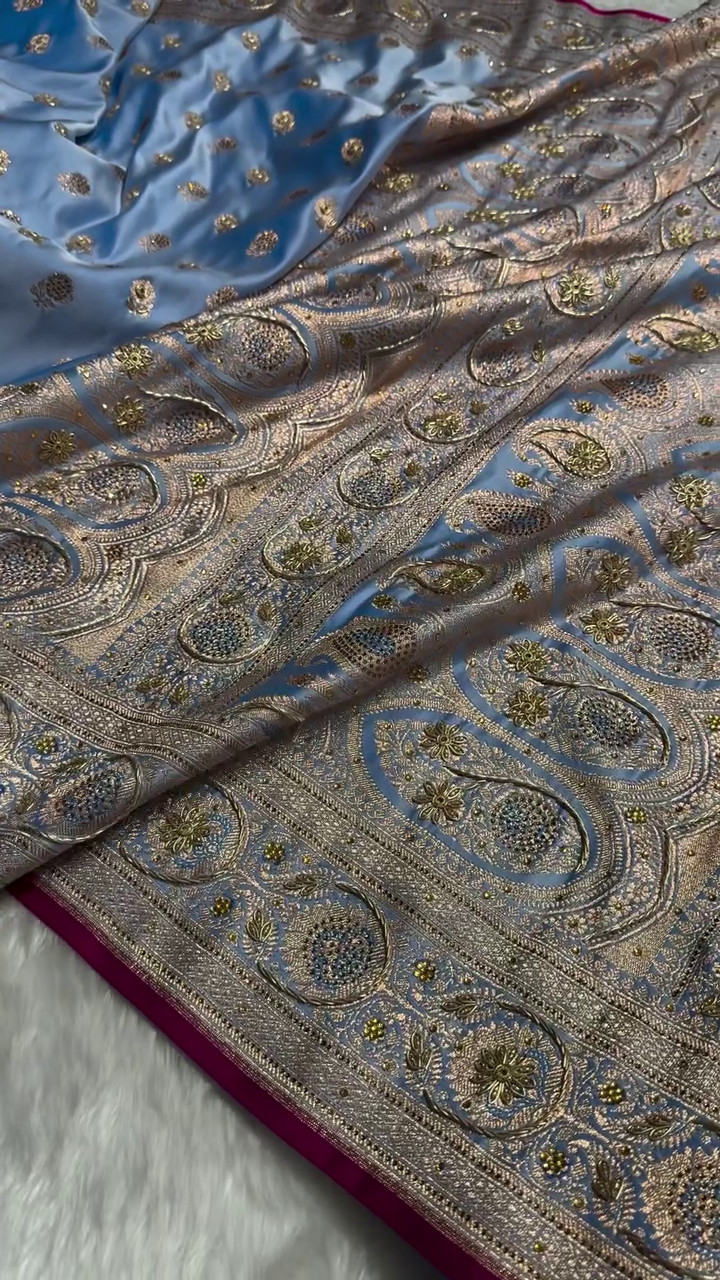 Royal Sky Blue Silk Saree with Heavy Golden Zari, Stone Embellishment & Contrast Border