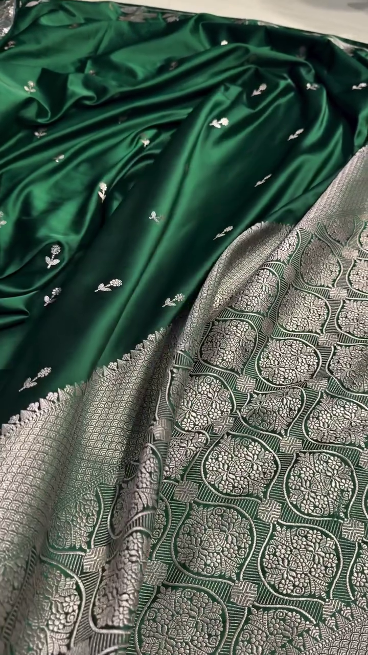 Emerald Green Satin Silk Saree with Silver Floral Zari Border