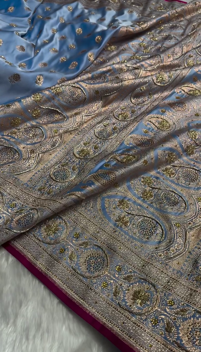 Sky Blue Banarasi Silk Saree with Heavy Zari Embroidery & Stone Work Border