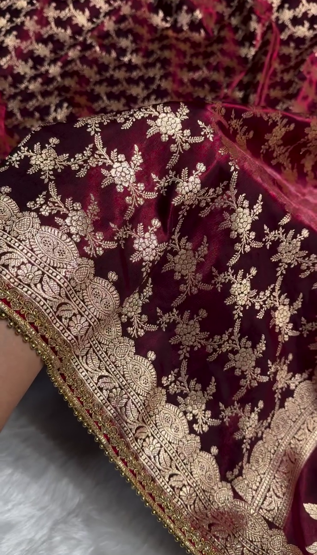 Maroon Velvet Saree with Heavy Golden Zari Embroidery & Beaded Lace Border