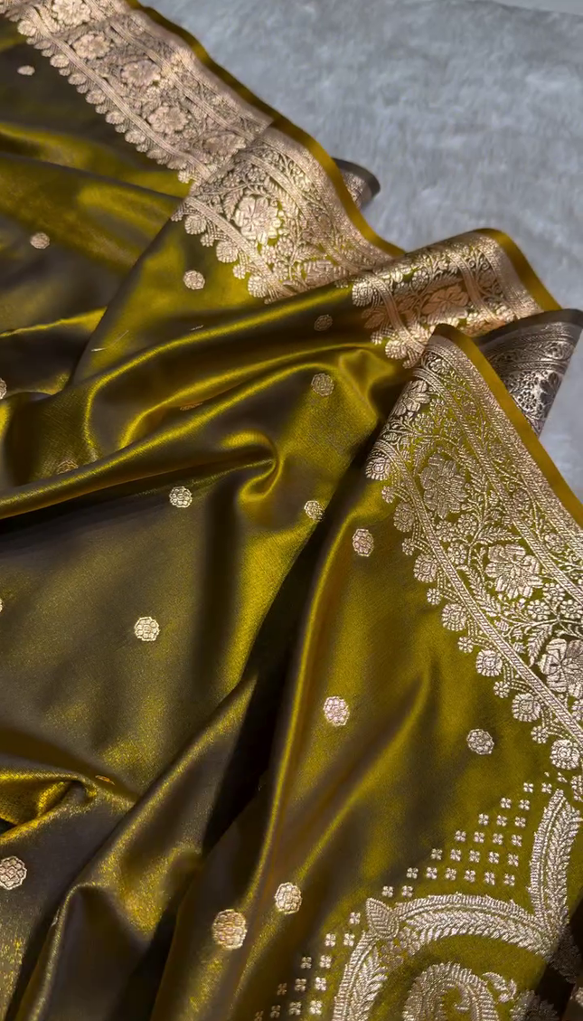 Antique Mustard Banarasi Silk Saree with Golden Zari Weaving & Paisley Border