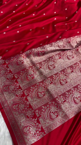 Classic Red Satin Silk Saree with Silver Zari Floral Butta