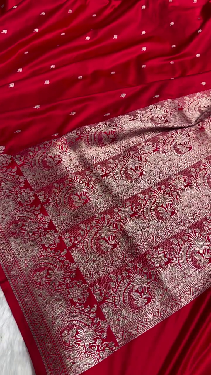 Classic Red Satin Silk Saree with Silver Zari Floral Butta