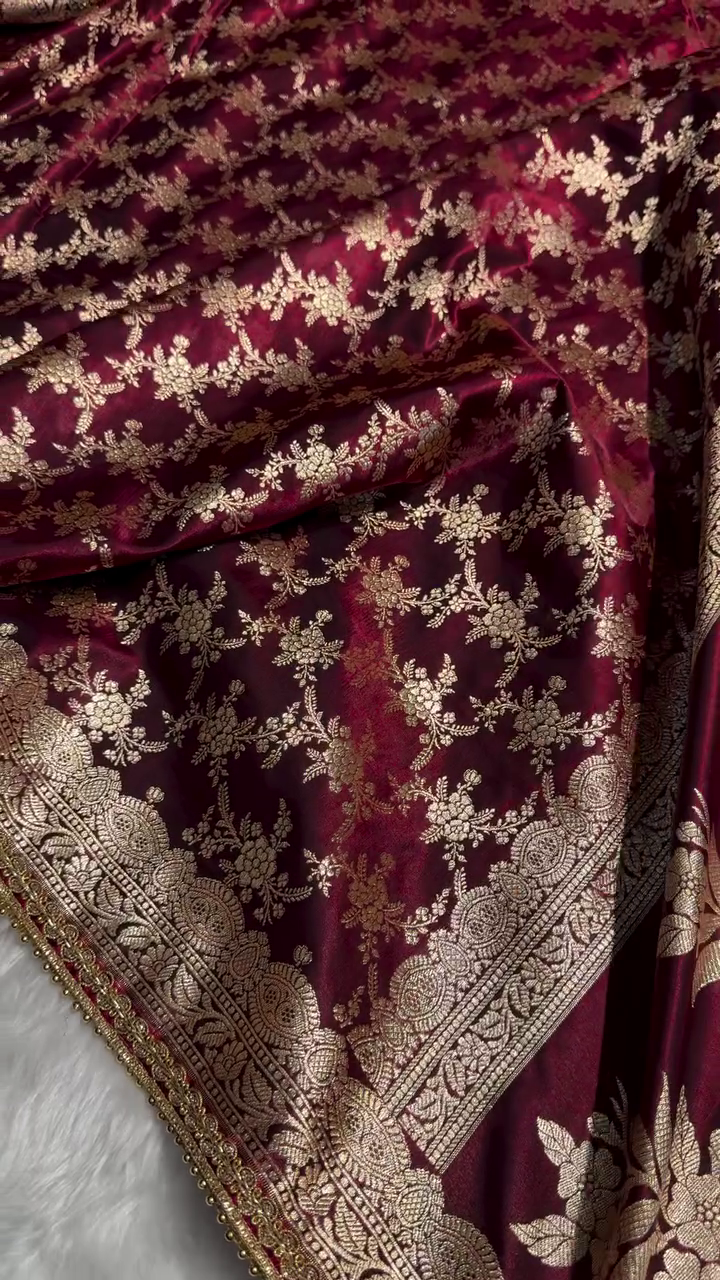 Premium Maroon Zari Woven Banarasi Saree with Heavy Embellished Border
