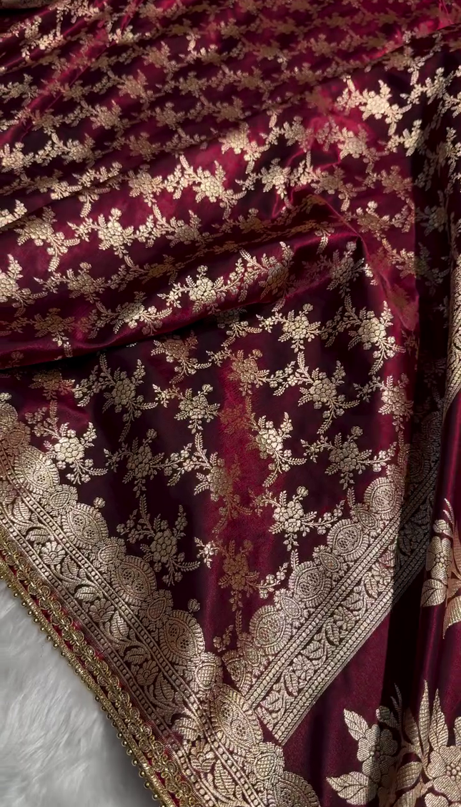 Maroon Velvet Saree with Heavy Golden Zari Embroidery & Beaded Lace Border