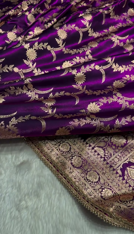 Majestic Purple Banarasi Silk Saree with Golden Zari Floral Weaving & Beaded Border