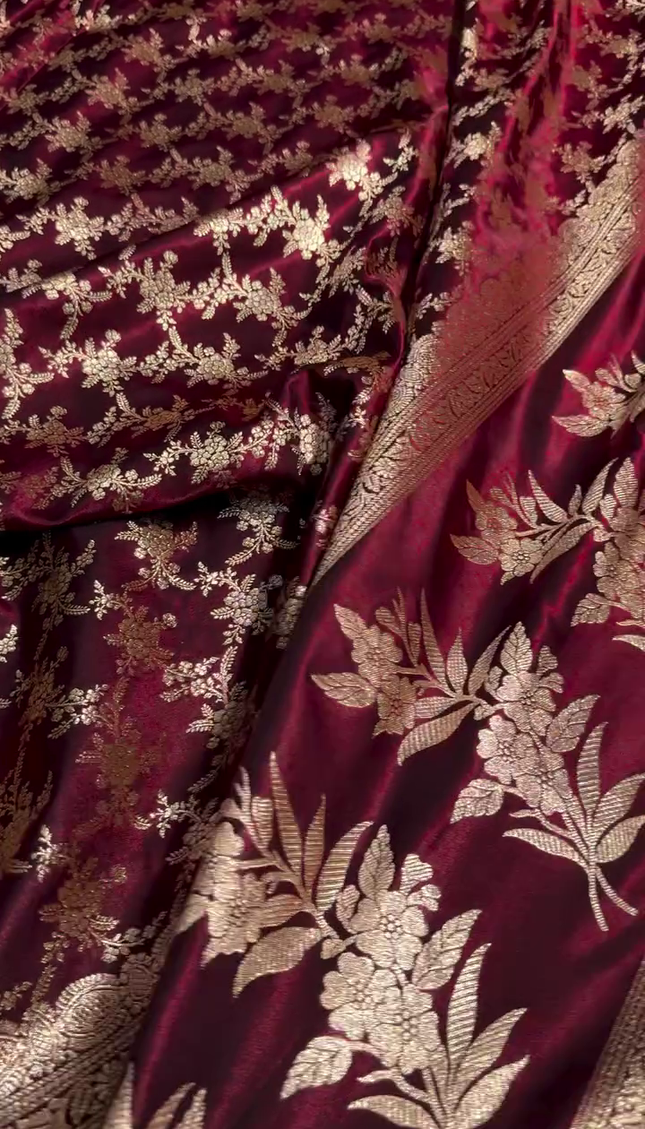 Maroon Velvet Saree with Heavy Golden Zari Embroidery & Beaded Lace Border