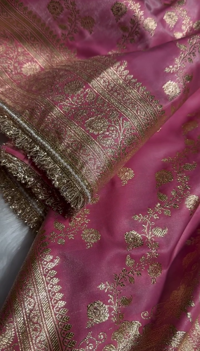 Blush Pink Banarasi Silk Saree with Golden Zari Floral Weaving & Fancy Lace Border
