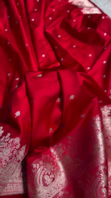 Classic Red Satin Silk Saree with Silver Zari Floral Butta