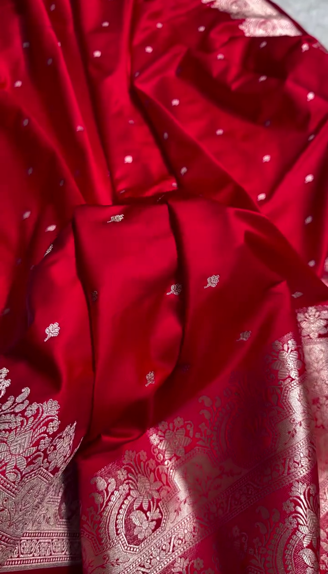 Classic Red Banarasi Silk Saree with Silver Zari Buti and Ornate Floral Border
