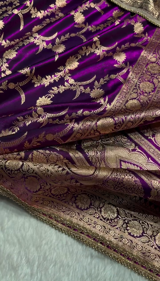 Majestic Purple Banarasi Silk Saree with Golden Zari Floral Weaving & Beaded Border