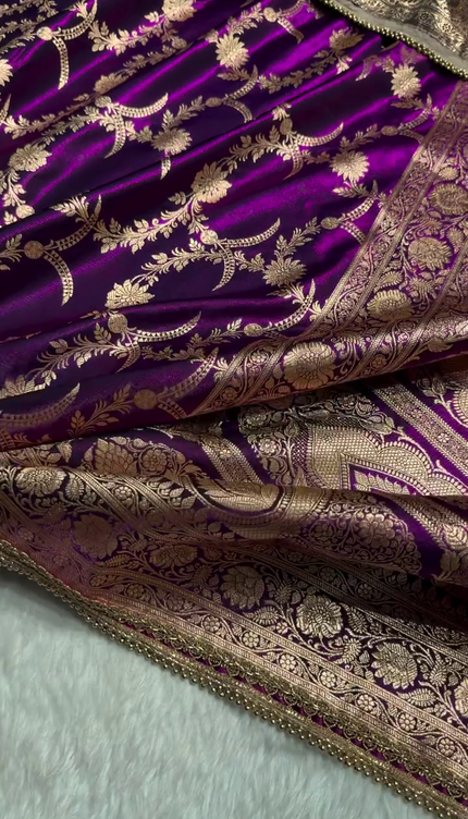Majestic Purple Banarasi Silk Saree with Golden Zari Floral Weaving & Beaded Border