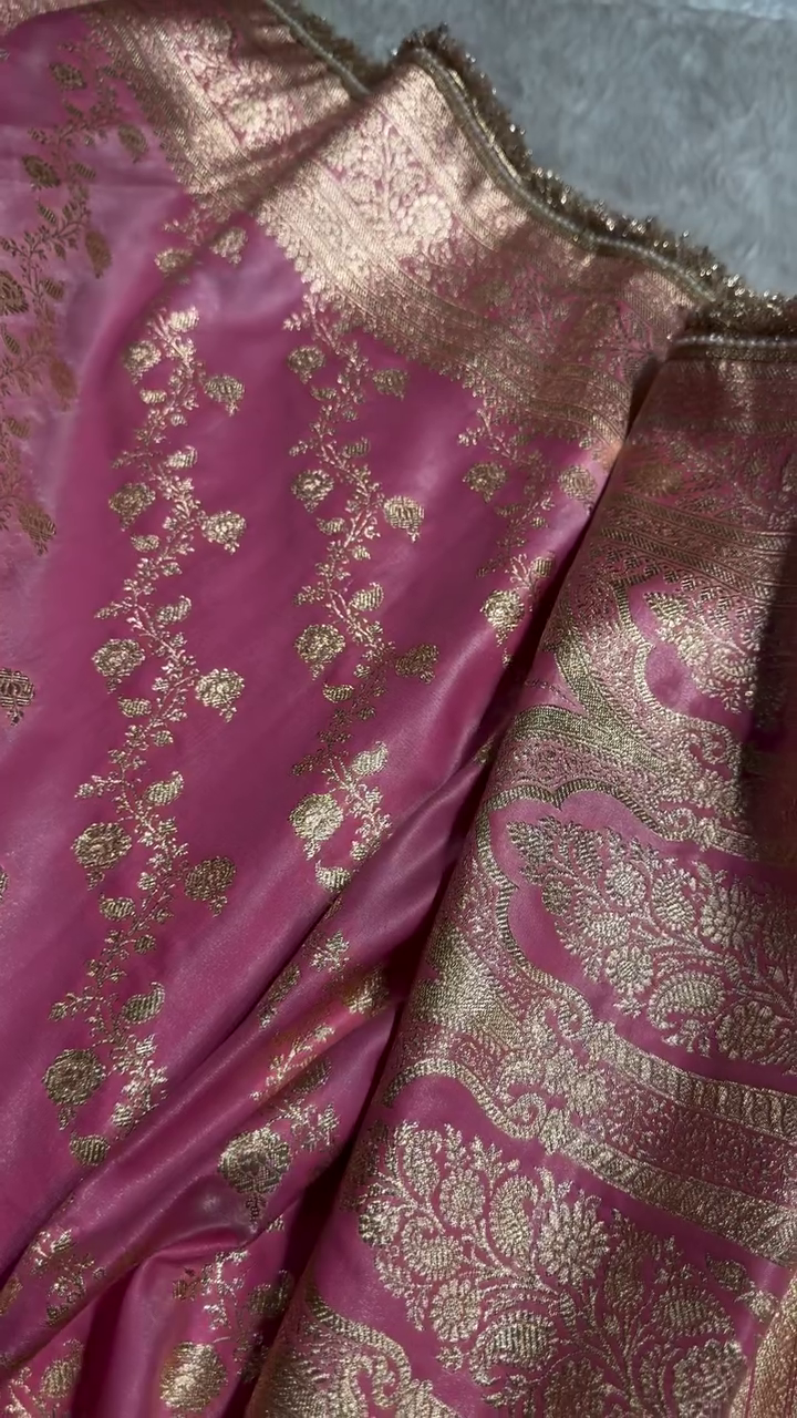 Luxury Pink Banarasi Silk Saree with Heavy Zari Weaving & Designer Fringe Border
