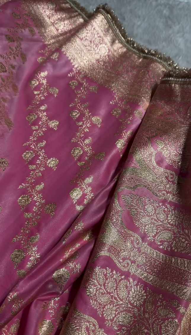 Blush Pink Banarasi Silk Saree with Golden Zari Floral Weaving & Fancy Lace Border