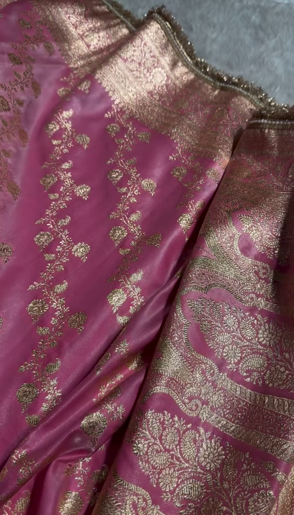 Blush Pink Banarasi Silk Saree with Golden Zari Floral Weaving & Fancy Lace Border
