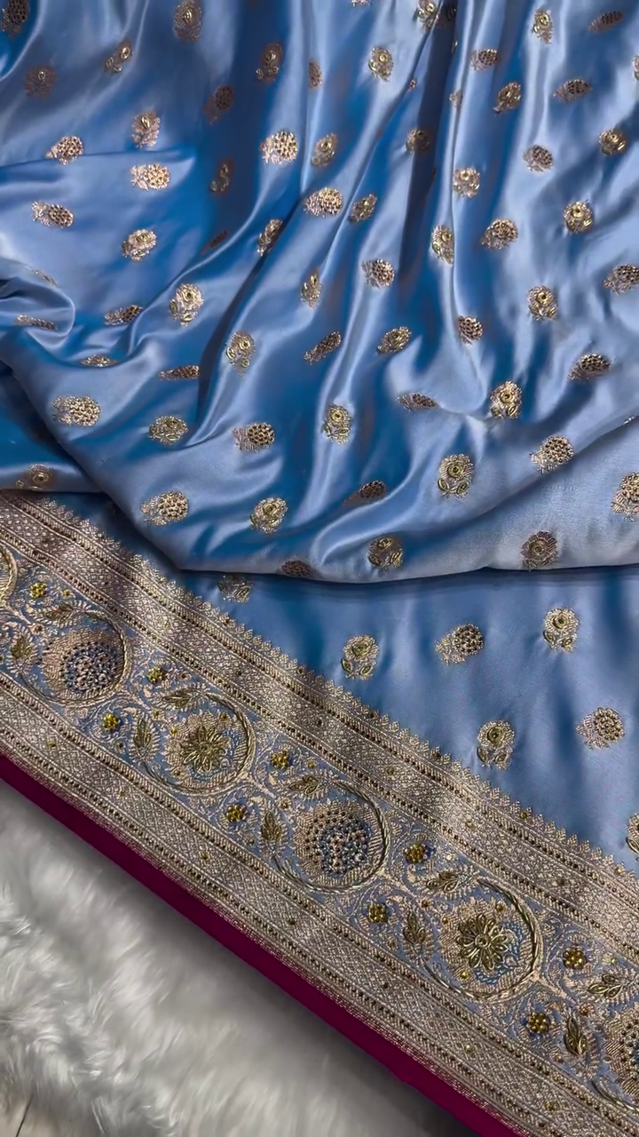 Royal Sky Blue Silk Saree with Heavy Golden Zari, Stone Embellishment & Contrast Border