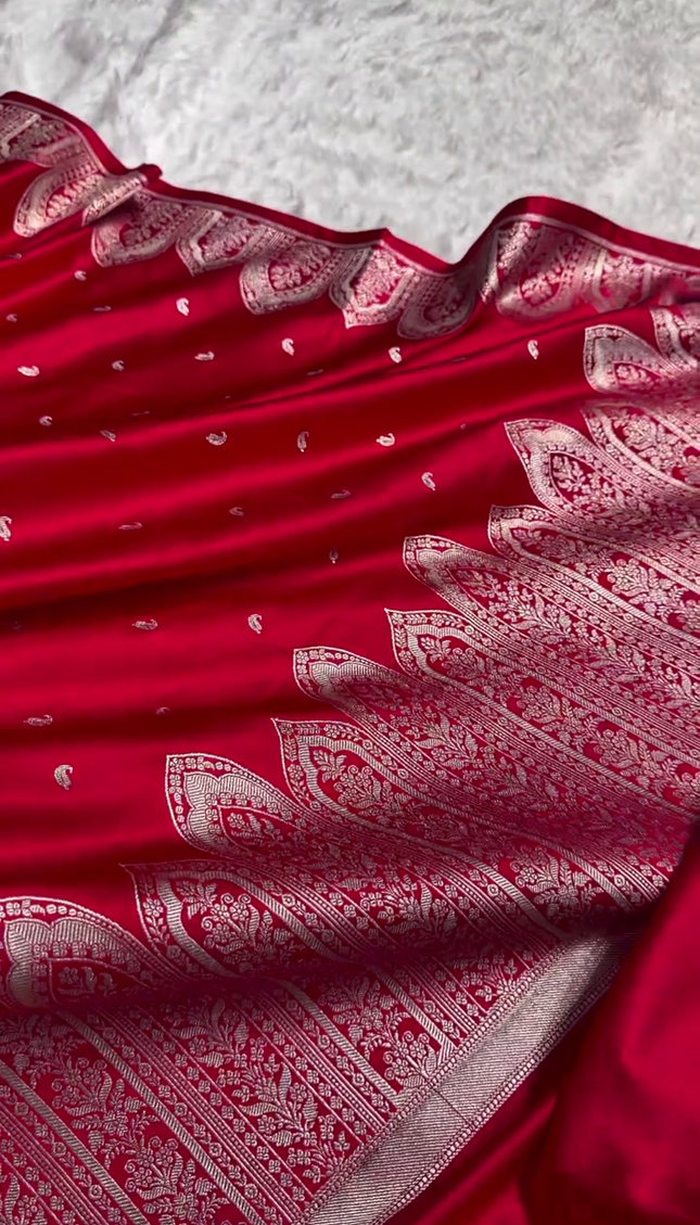 Royal Red Banarasi Silk Saree with Intricate Silver Zari Weaving