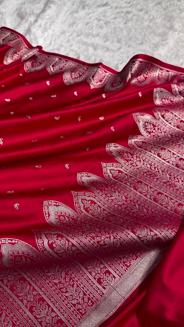 Royal Red Banarasi Silk Saree with Intricate Silver Zari Weaving