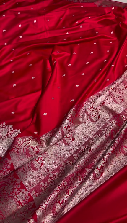 Classic Red Banarasi Silk Saree with Silver Zari Buti and Ornate Floral Border