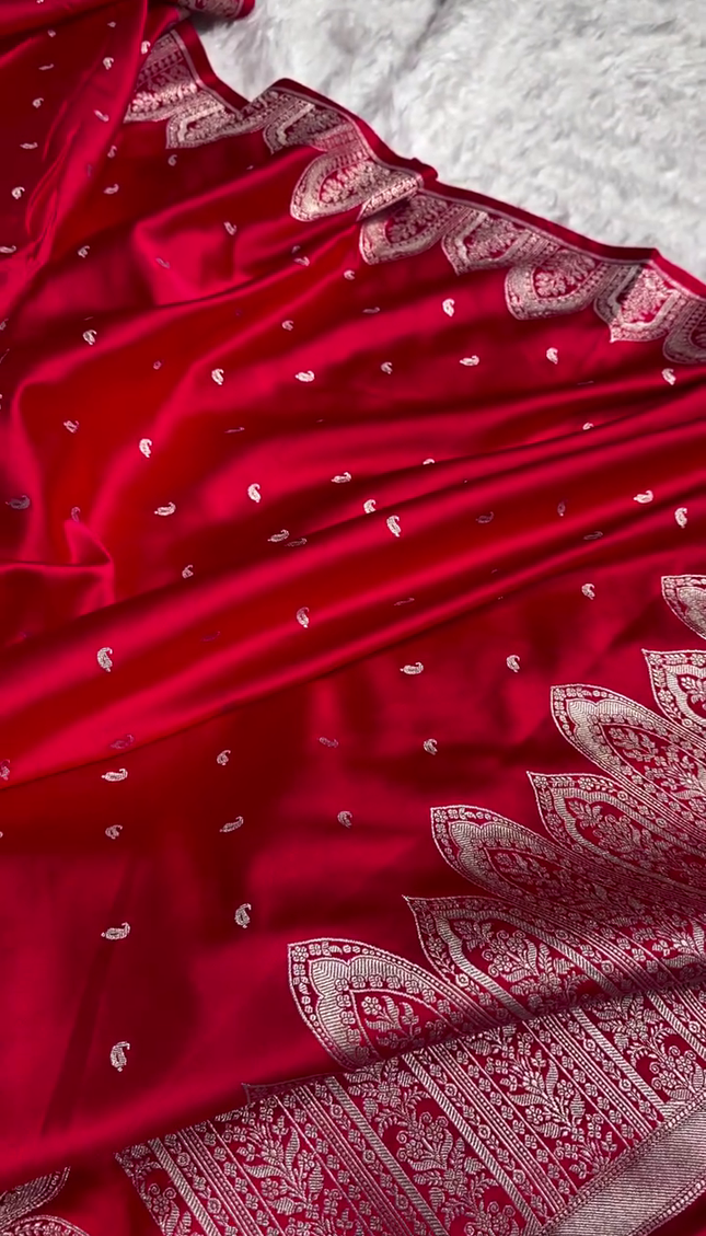 Royal Red Banarasi Silk Saree with Intricate Silver Zari Weaving
