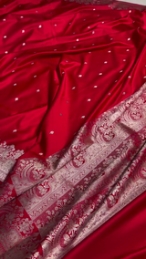 Classic Red Satin Silk Saree with Silver Zari Floral Butta