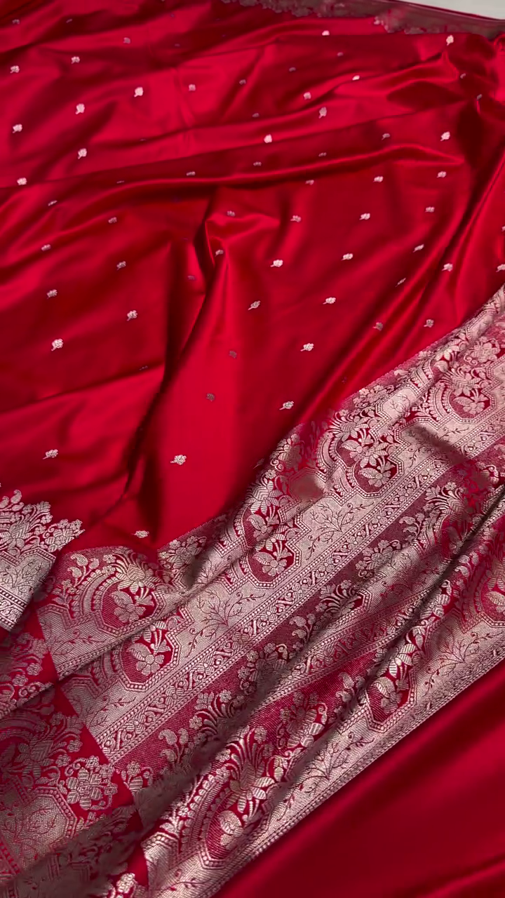 Classic Red Satin Silk Saree with Silver Zari Floral Butta