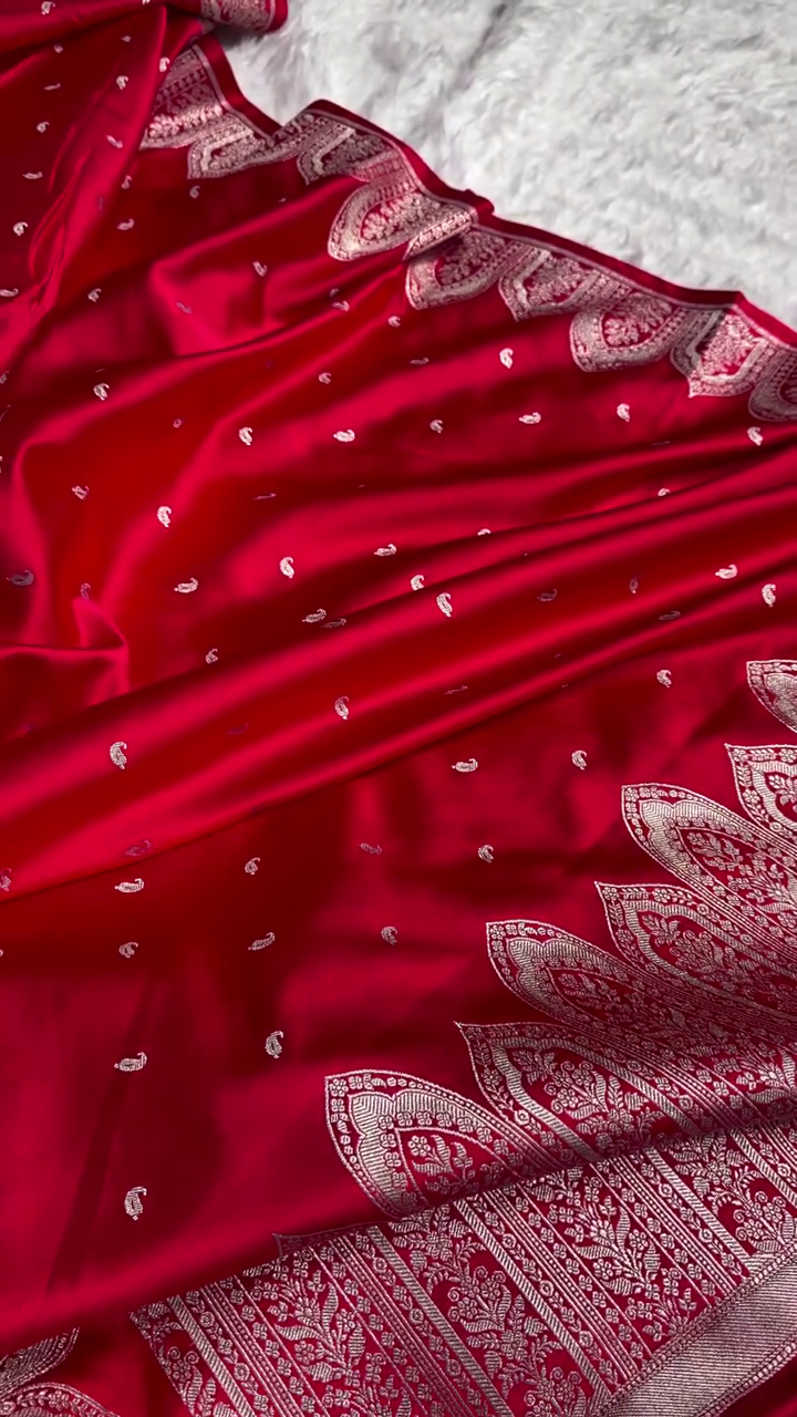 Royal Red Banarasi Silk Saree with Intricate Silver Zari Weaving