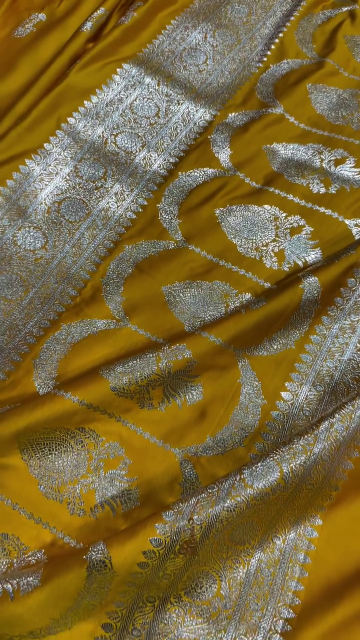 Premium Mustard Yellow Banarasi Silk Saree with Intricate Zari Butta