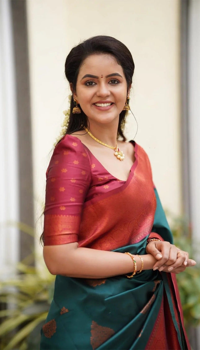 Kavya - Rama Soft Banarasi Silk Saree with Copper Jacquard Buttas
