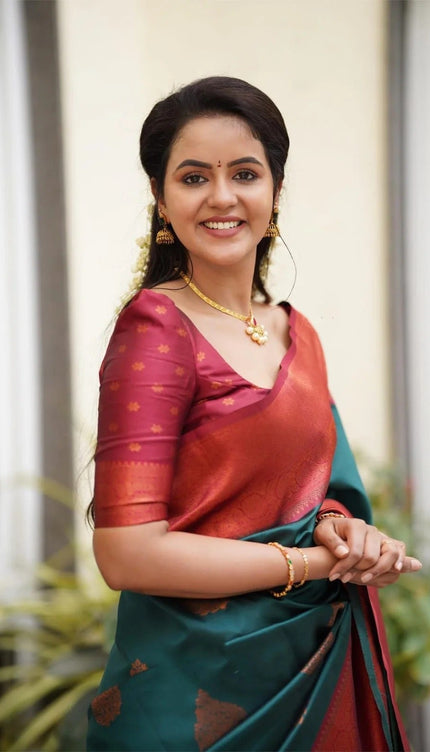Kavya - Rama Soft Banarasi Silk Saree with Copper Jacquard Buttas