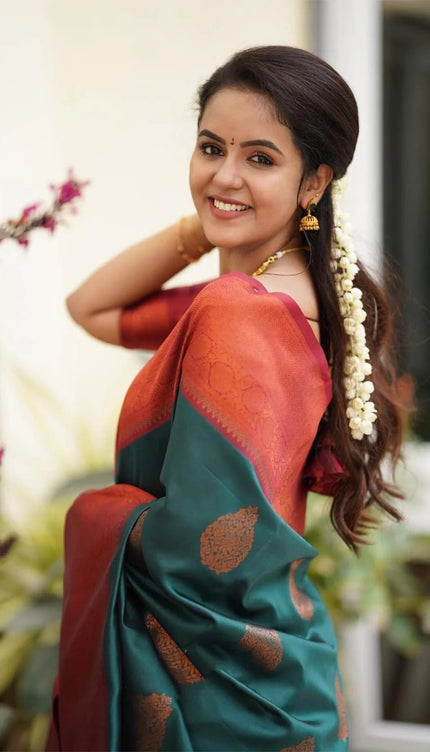 Kavya - Rama Soft Banarasi Silk Saree with Copper Jacquard Buttas
