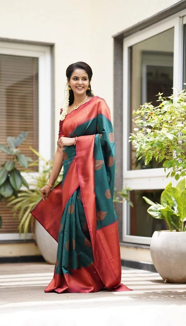 Kavya - Rama Soft Banarasi Silk Saree with Copper Jacquard Buttas