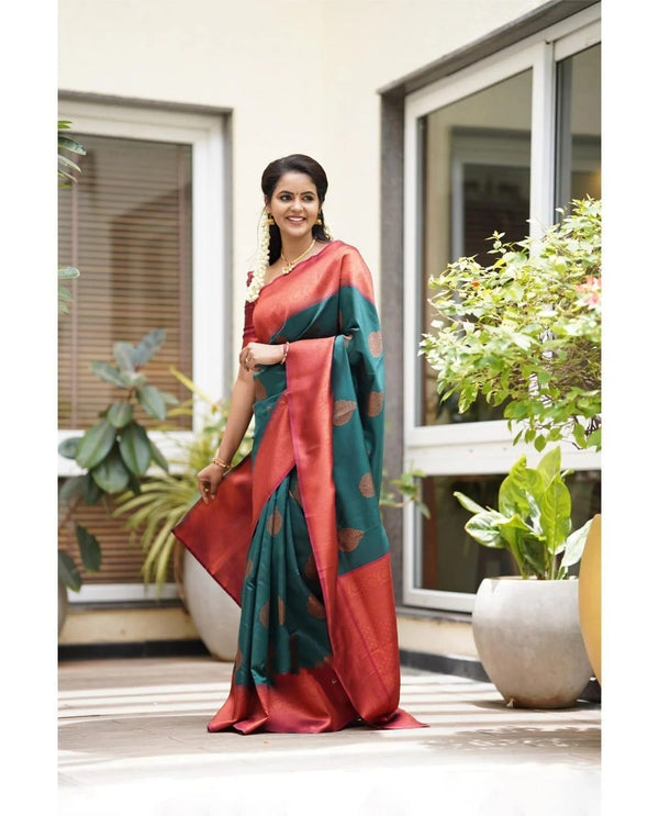 Kavya - Rama Soft Banarasi Silk Saree with Copper Jacquard Buttas