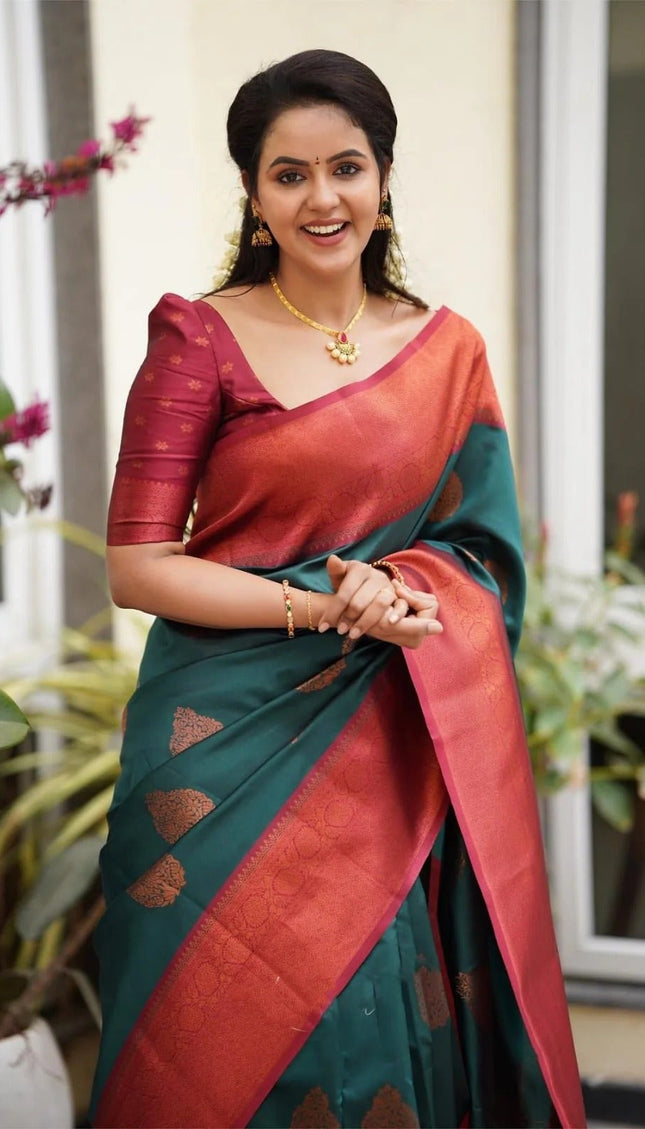 Kavya - Rama Soft Banarasi Silk Saree with Copper Jacquard Buttas