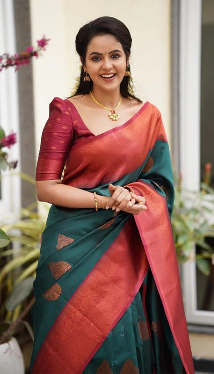 Kavya - Rama Soft Banarasi Silk Saree with Copper Jacquard Buttas