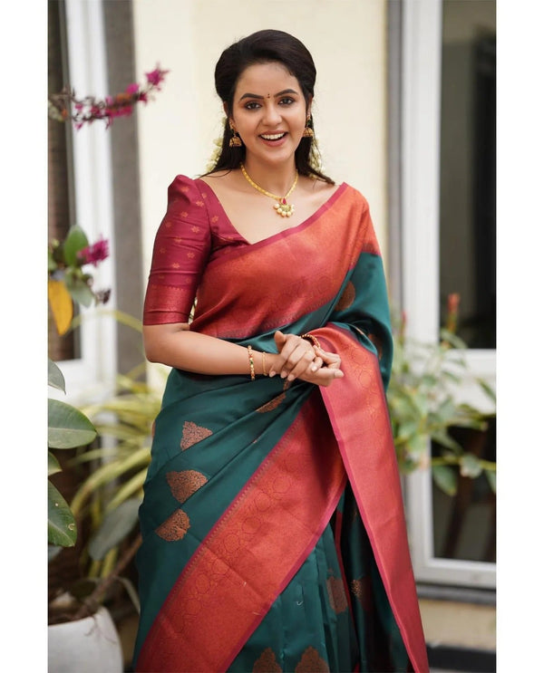 Kavya - Rama Soft Banarasi Silk Saree with Copper Jacquard Buttas