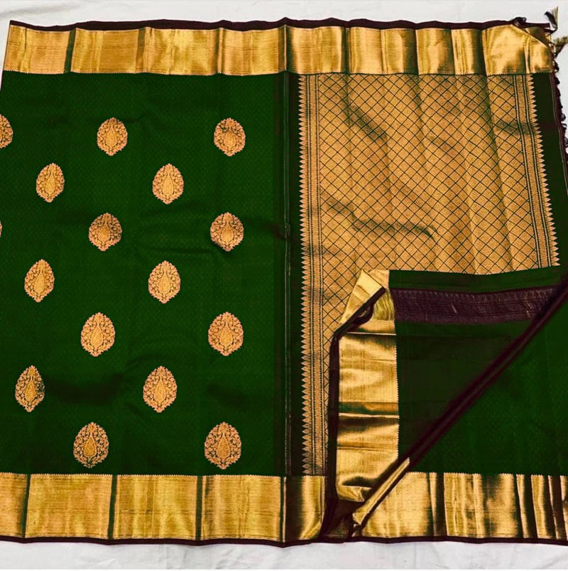 Meenal - Dark Green Soft Banarasi Silk Saree with Jacquard Weaving