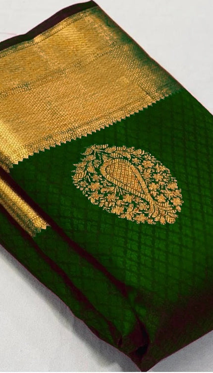 Meenal - Dark Green Soft Banarasi Silk Saree with Jacquard Weaving