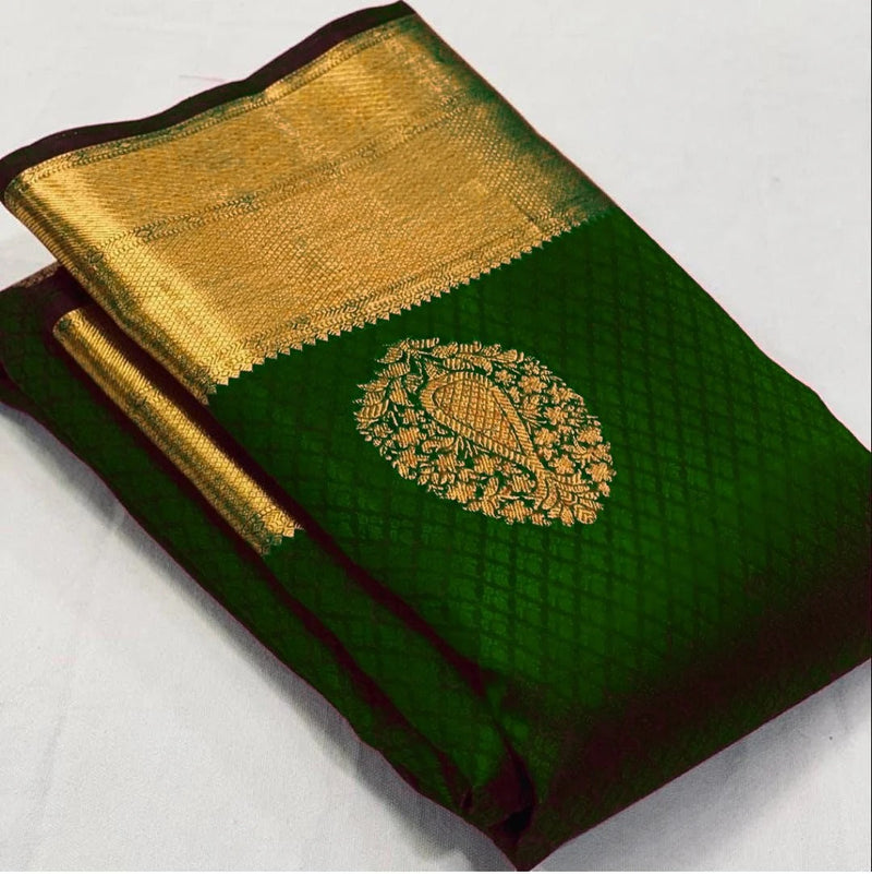 Meenal - Dark Green Soft Banarasi Silk Saree with Jacquard Weaving